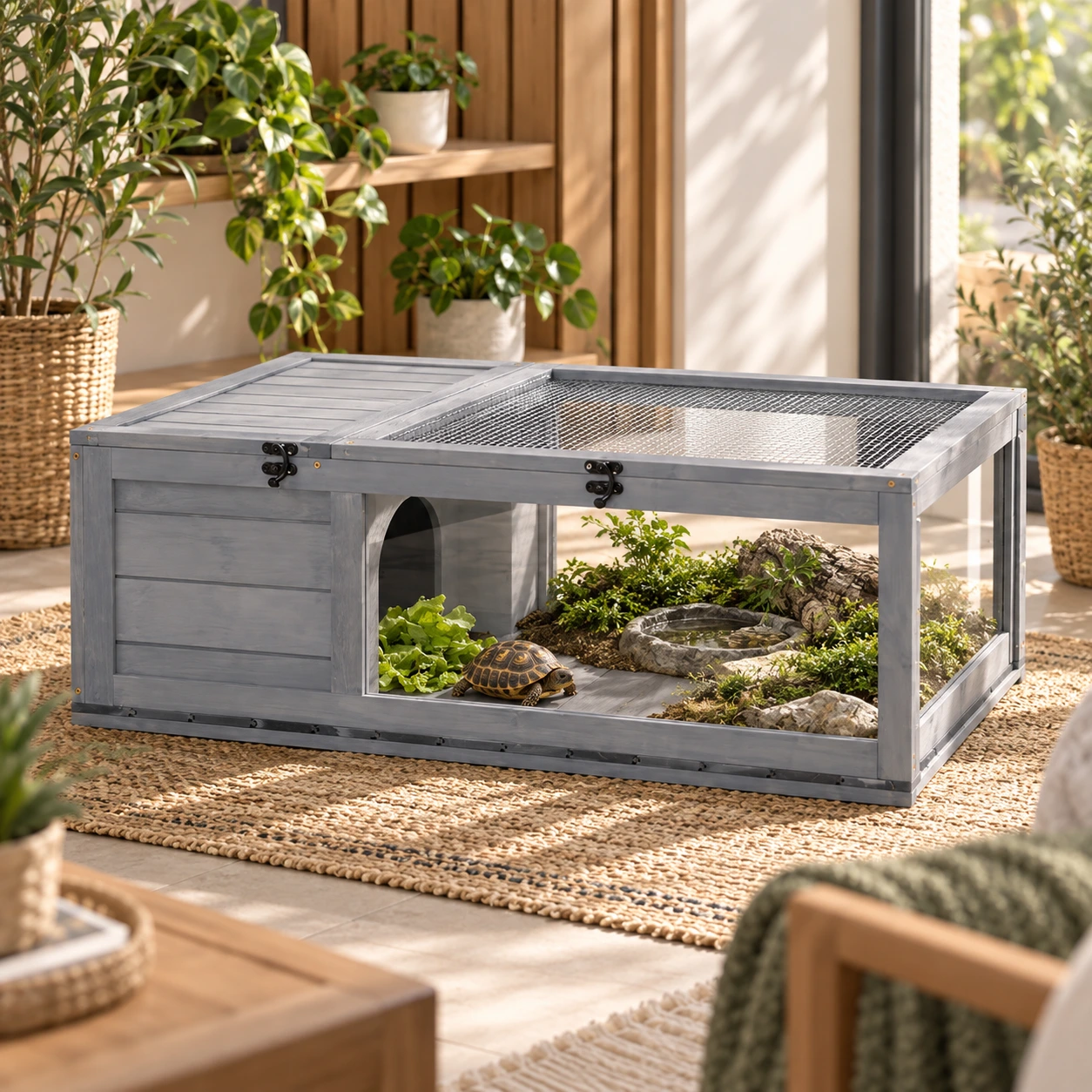 Terrarium i trä för sköldpaddor med två sektioner