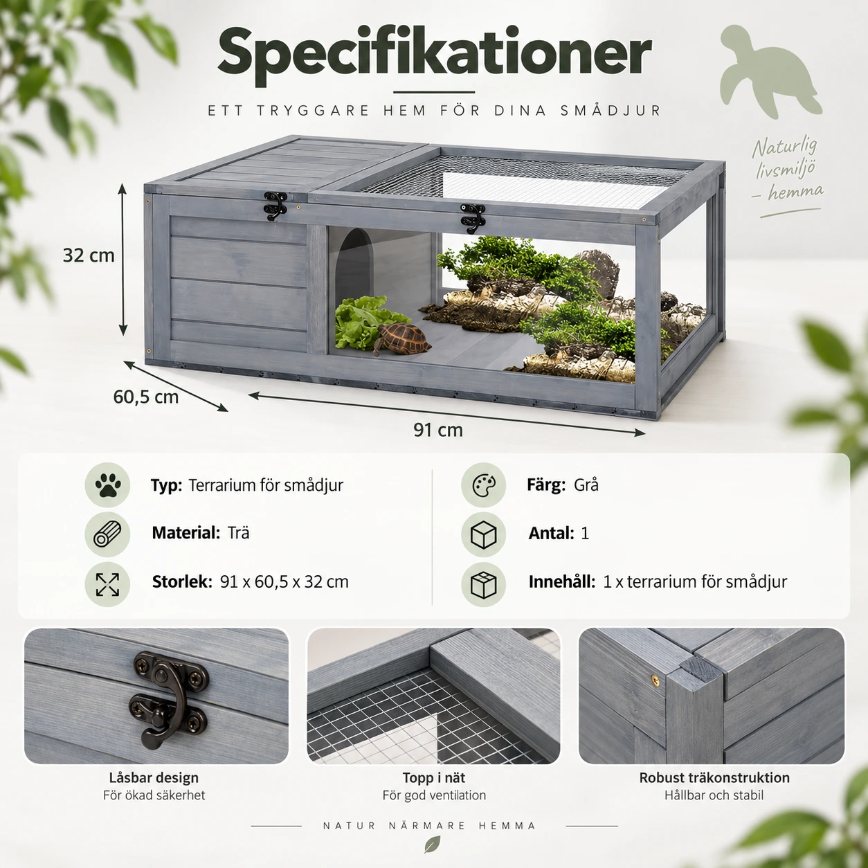 Terrarium i trä för sköldpaddor med två sektioner