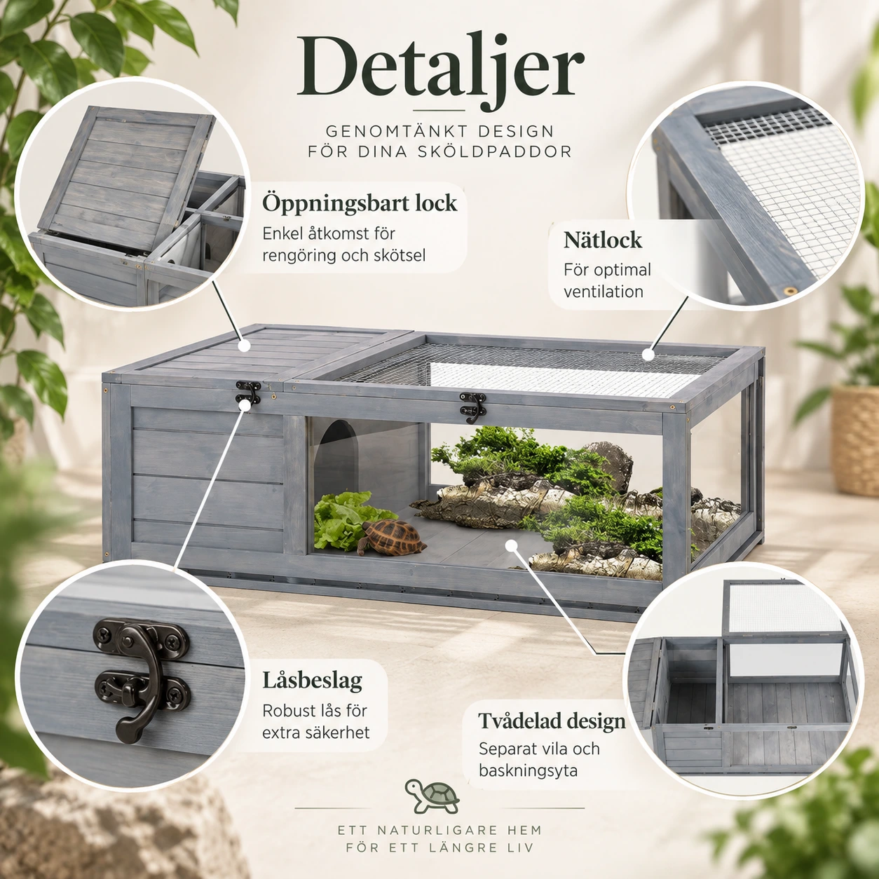 Terrarium i trä för sköldpaddor med två sektioner