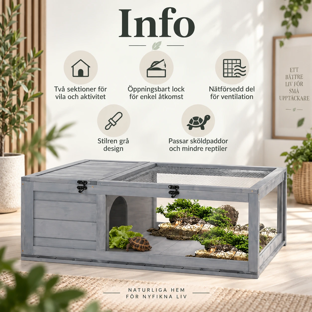 Terrarium i trä för sköldpaddor med två sektioner