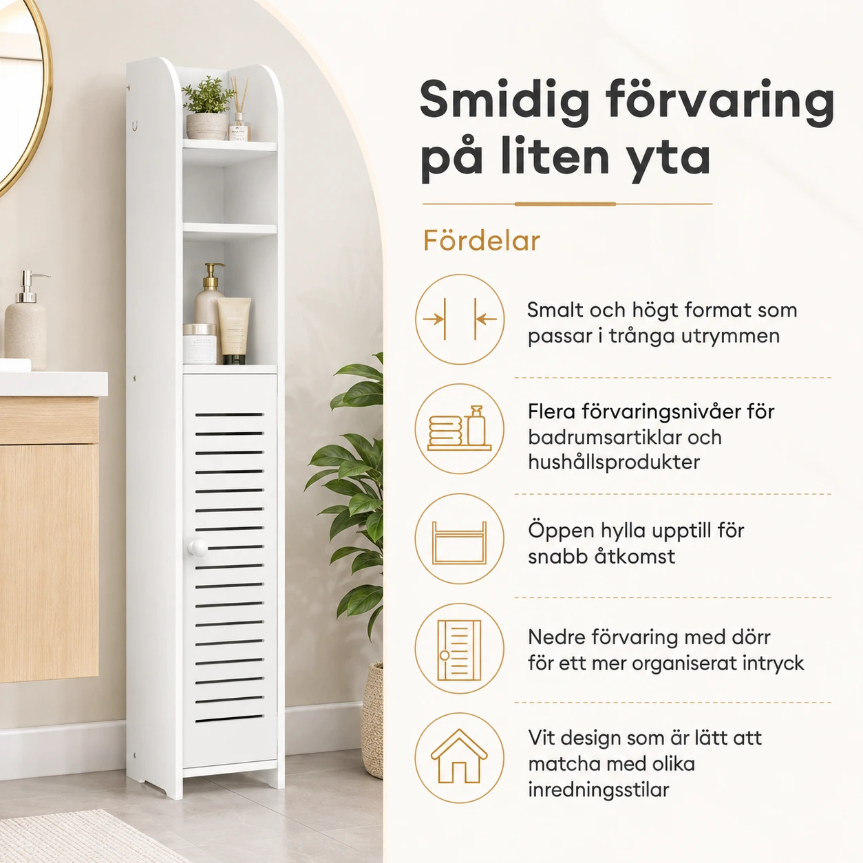 Smalt badrumsskåp med förvaring och dörr