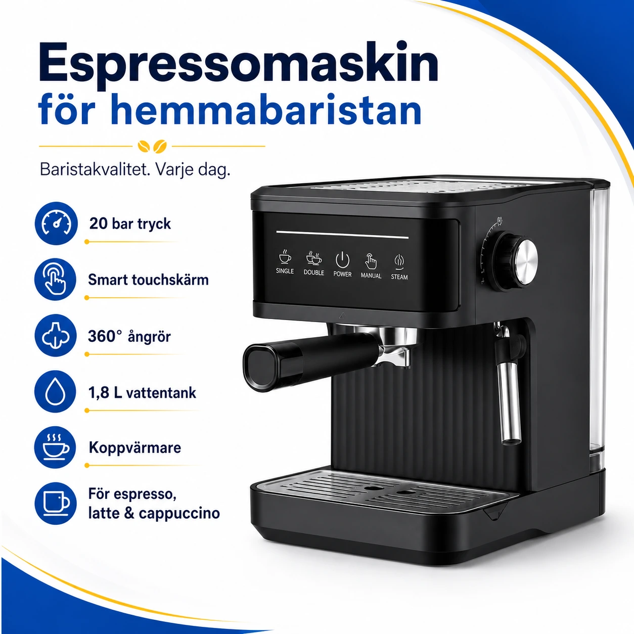Espressomaskin 20 Bar med Touchskärm och Ångrör