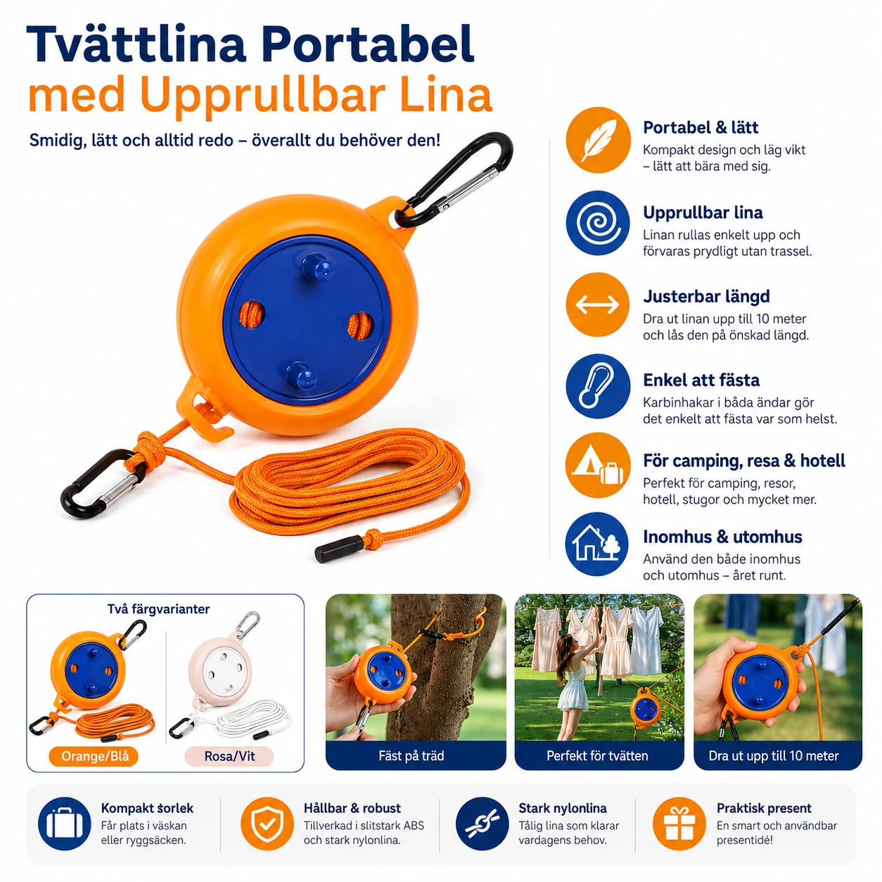 Tvättlina Portabel med Upprullbar Lina