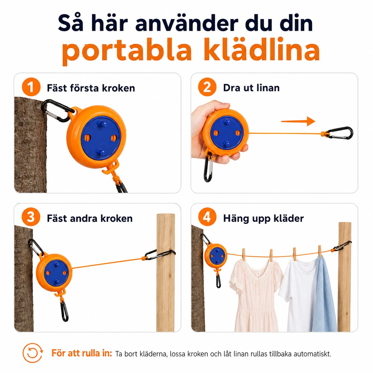 Tvättlina Portabel med Upprullbar Lina