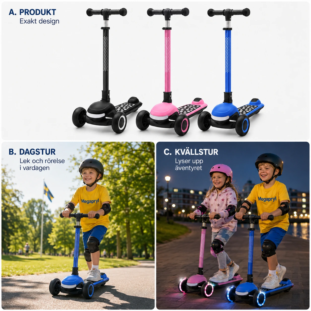 Barnsparkcykel med 3 Hjul – Hopfällbar med LED-hjul