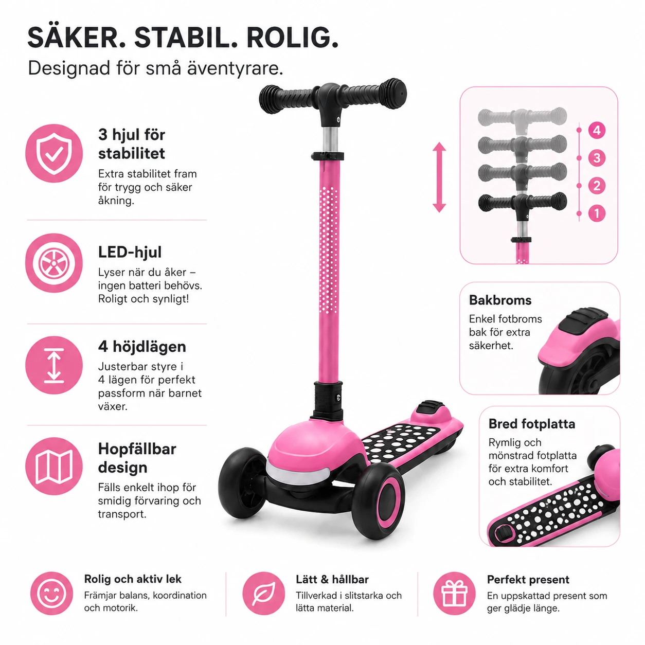 Barnsparkcykel med 3 Hjul – Hopfällbar med LED-hjul