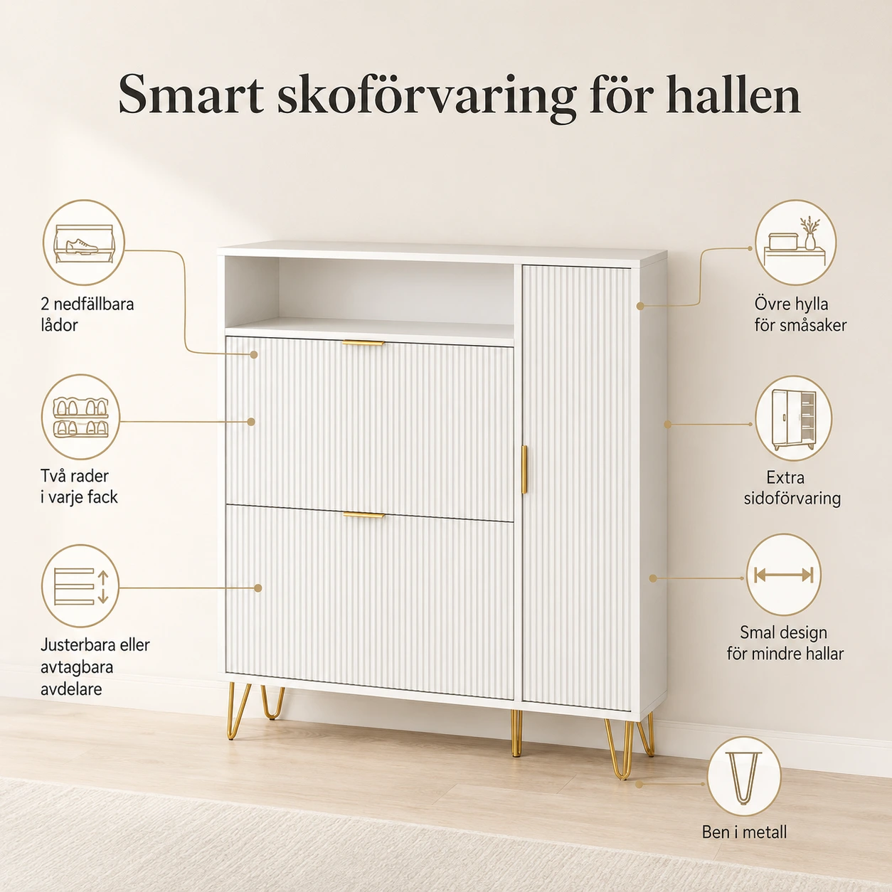 Skoskåp för hall med 2 nedfällbara lådor