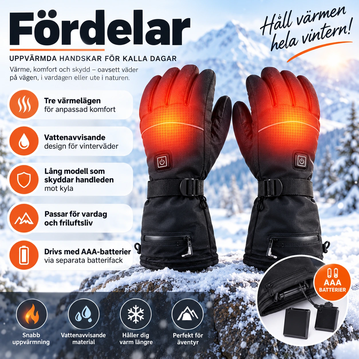 Uppvärmda handskar för vinter och friluftsliv, svart
