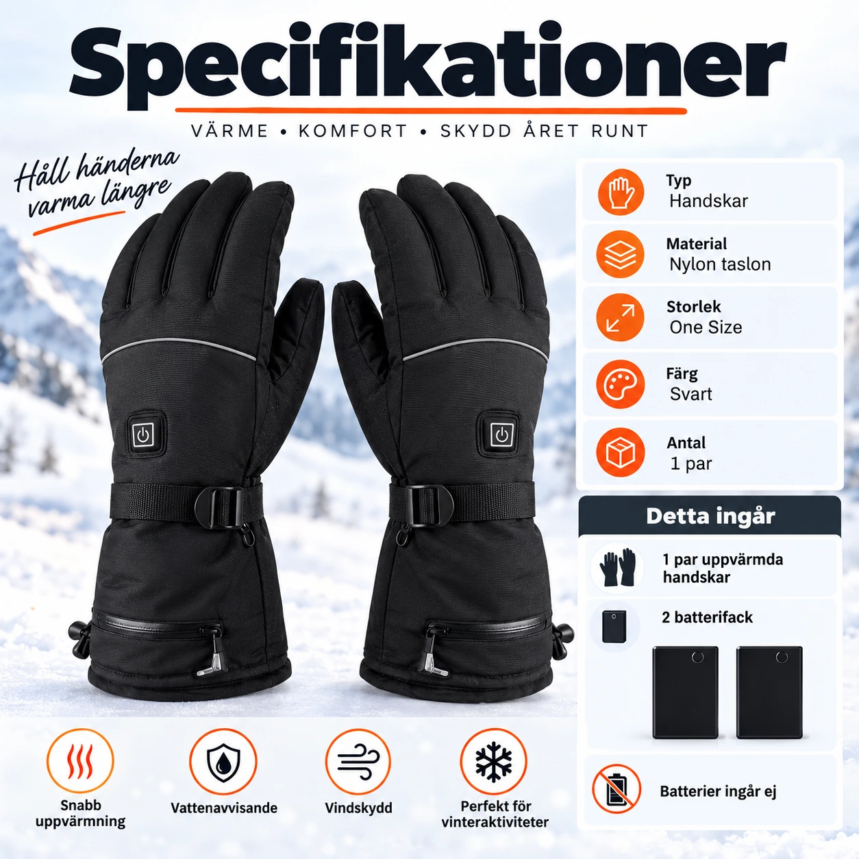 Uppvärmda handskar för vinter och friluftsliv, svart