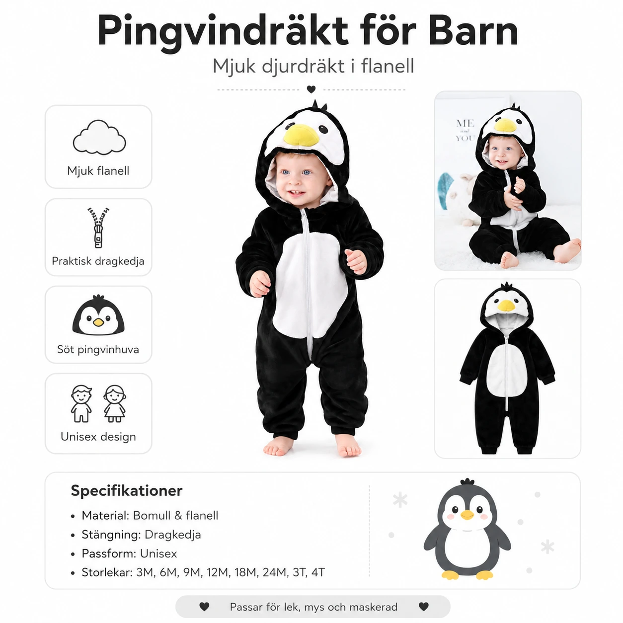 Pingvindräkt Barn – Mjuk Onepiece i Flanell med Huva