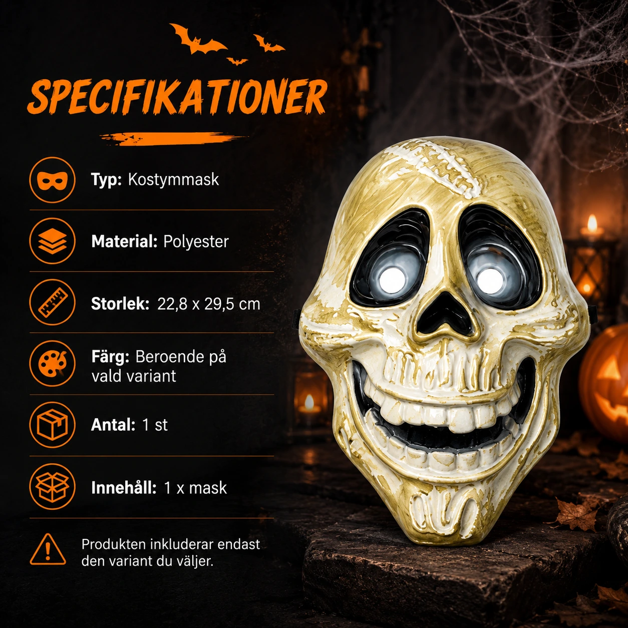 Halloweenmask med dödskallemotiv 22,8 x 29,5 cm