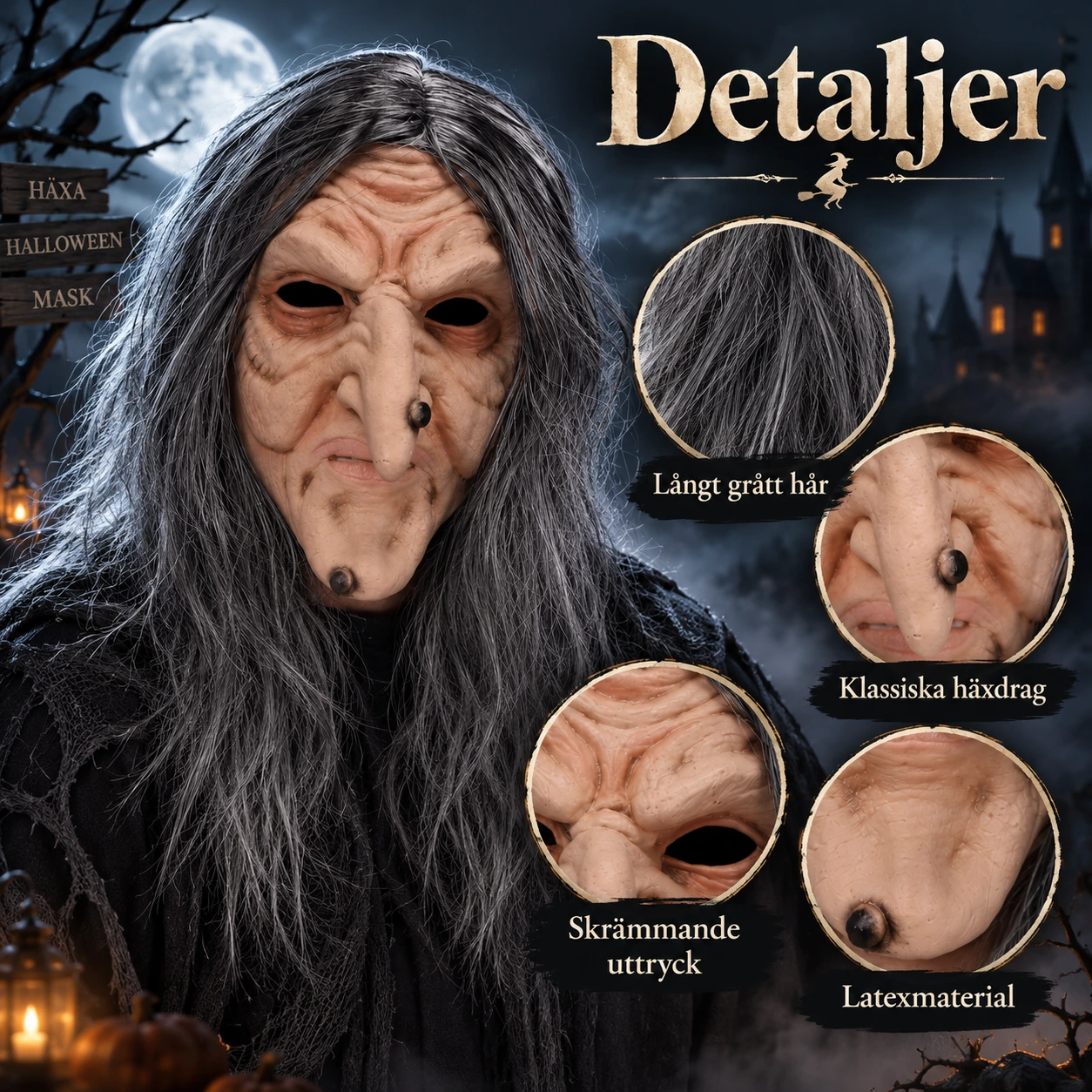 Häxmask för halloween med långt hår