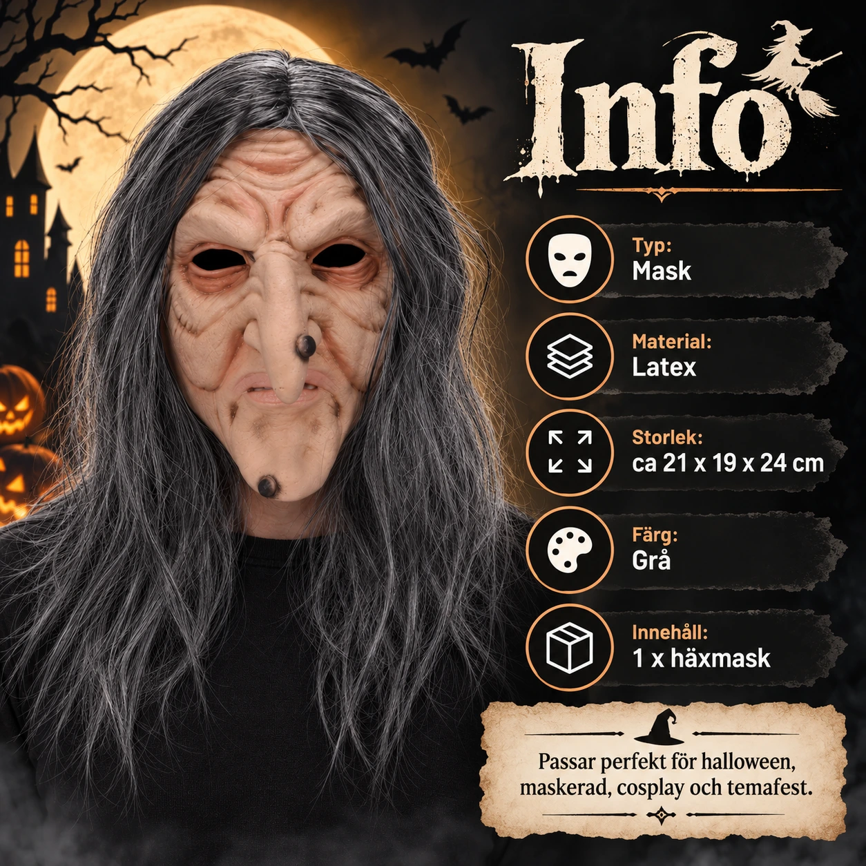 Häxmask för halloween med långt hår