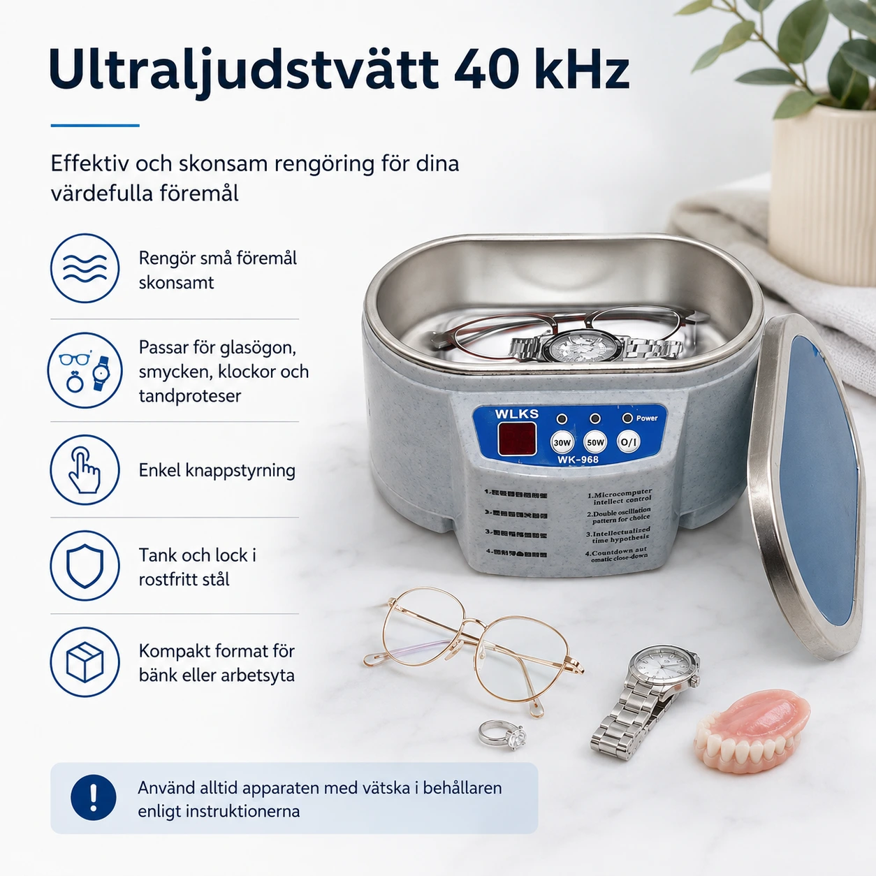 Ultraljudstvätt för glasögon och smycken med 40 kHz