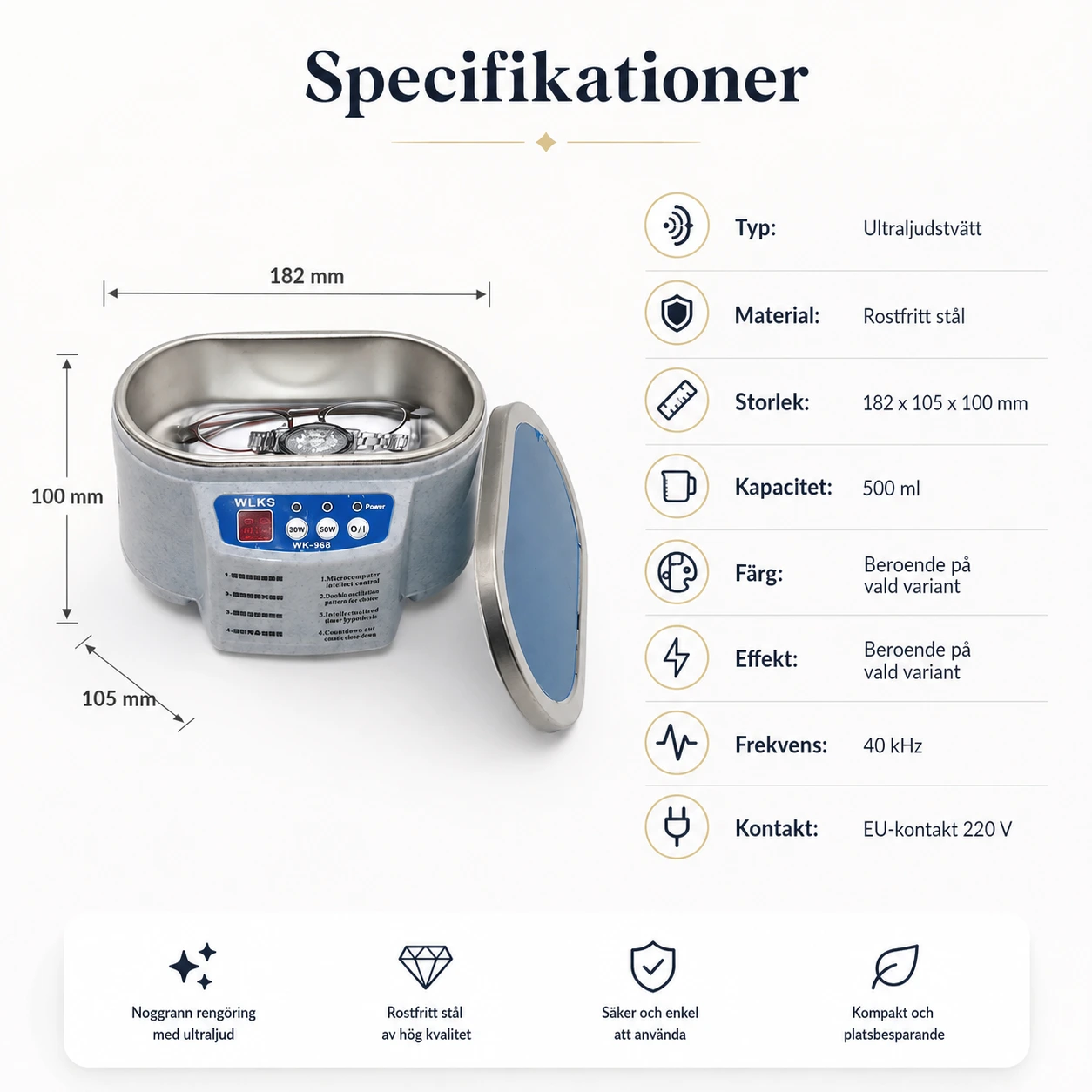 Ultraljudstvätt för glasögon och smycken med 40 kHz