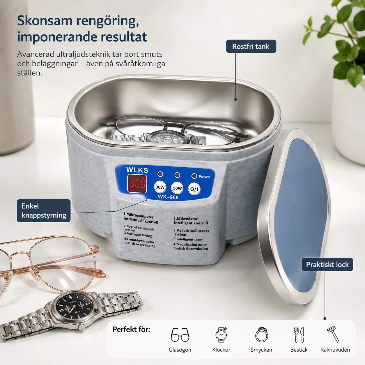 Ultraljudstvätt för glasögon och smycken med 40 kHz