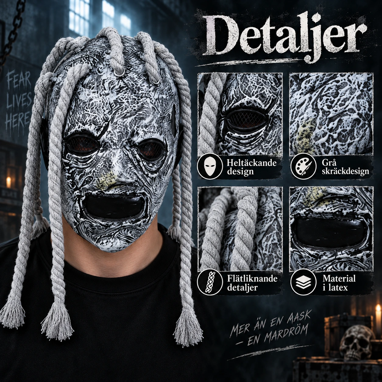 Mask zombie i latex med heltäckande design