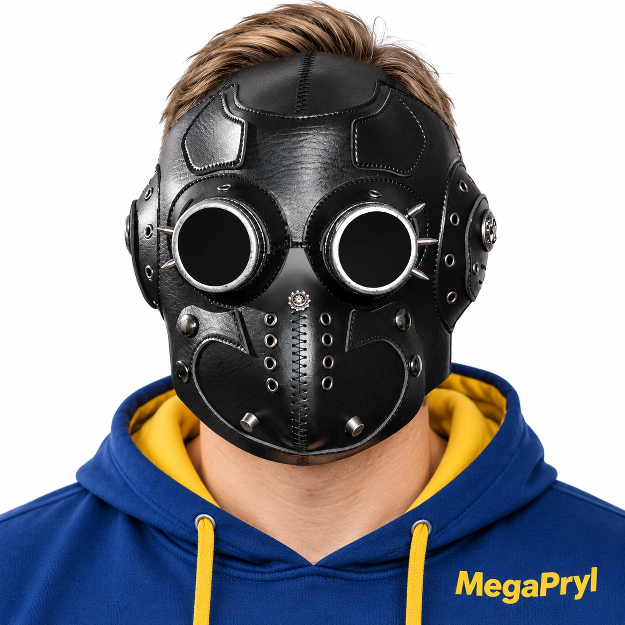 Svart Läder-Look Steampunk Helmask med Inbyggda Glasögon