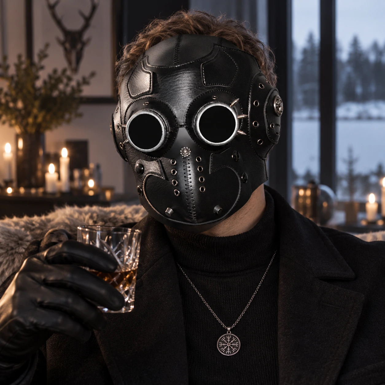 Svart Läder-Look Steampunk Helmask med Inbyggda Glasögon