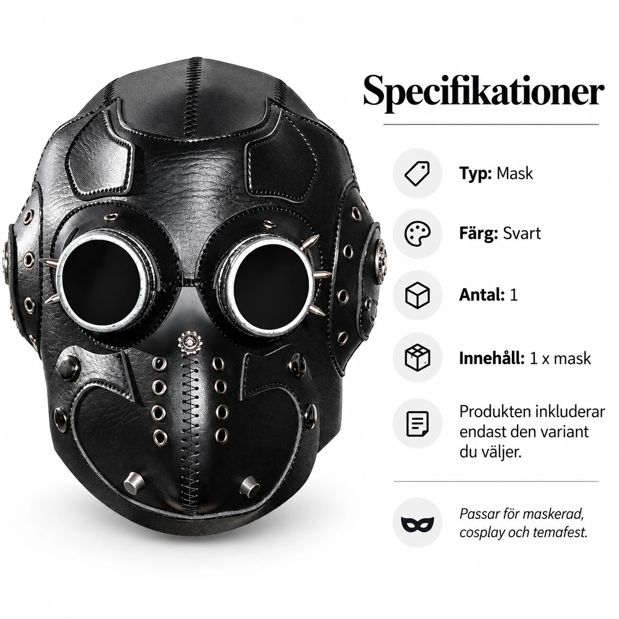 Svart Läder-Look Steampunk Helmask med Inbyggda Glasögon