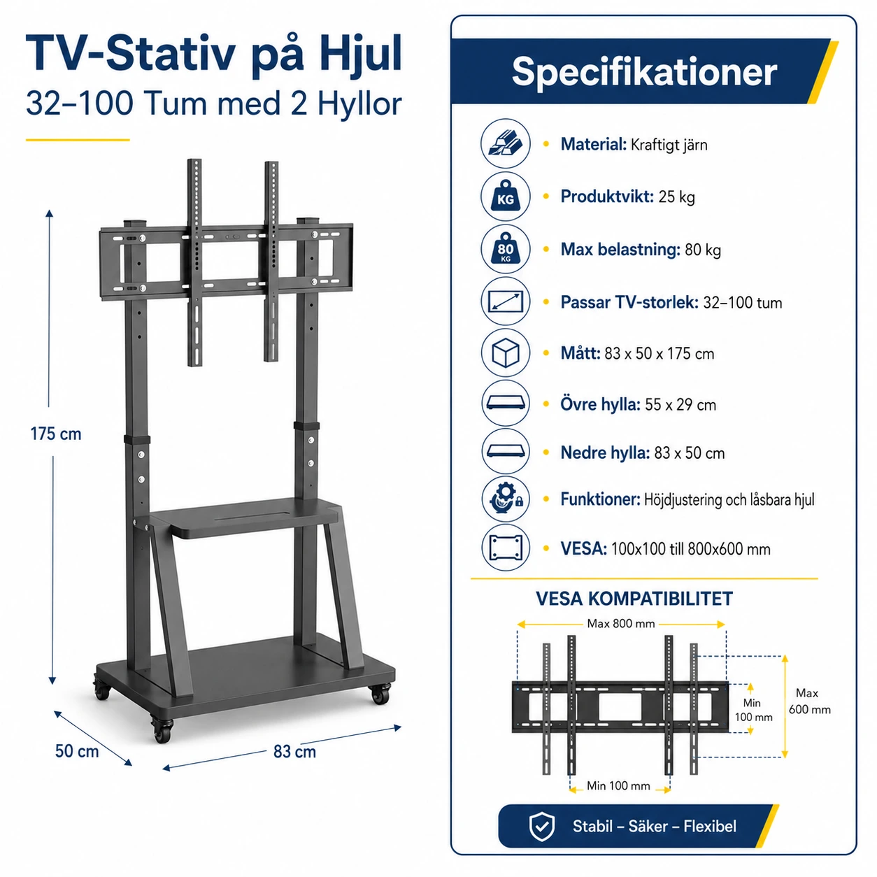 TV-Stativ på Hjul 32–100 Tum med 2 Hyllor