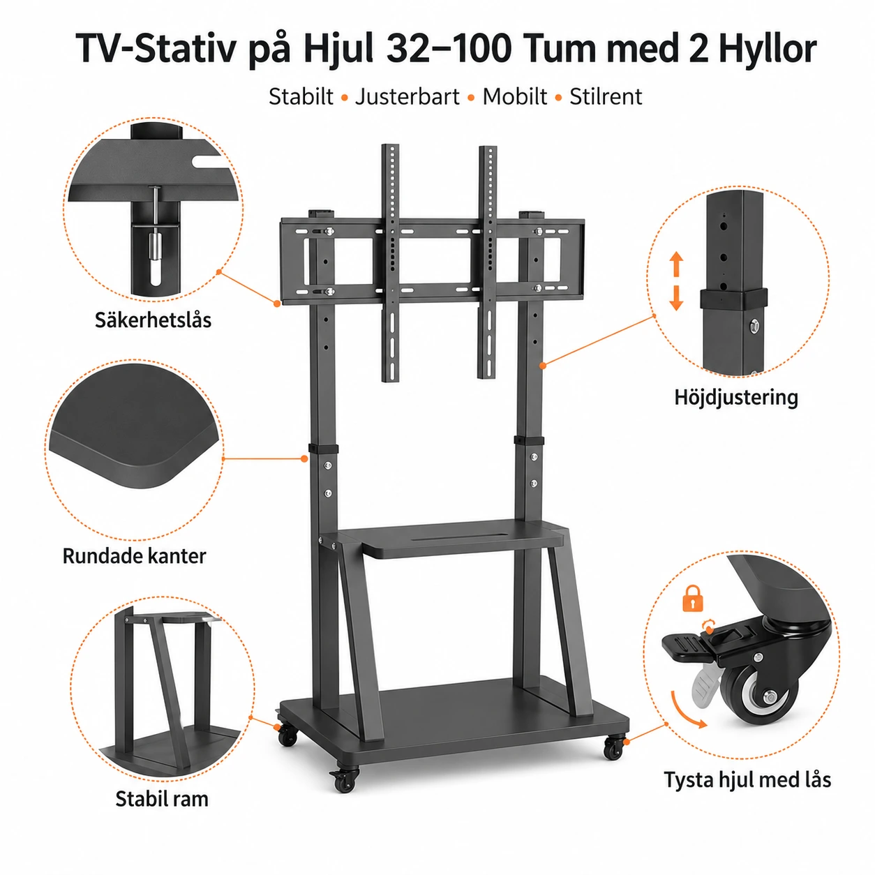 TV-Stativ på Hjul 32–100 Tum med 2 Hyllor