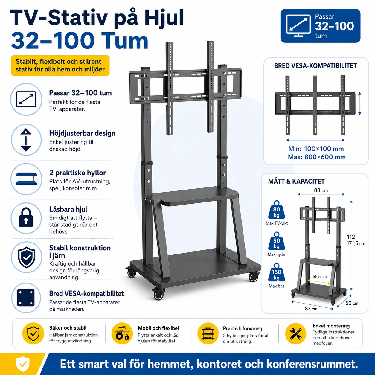 TV-Stativ på Hjul 32–100 Tum med 2 Hyllor