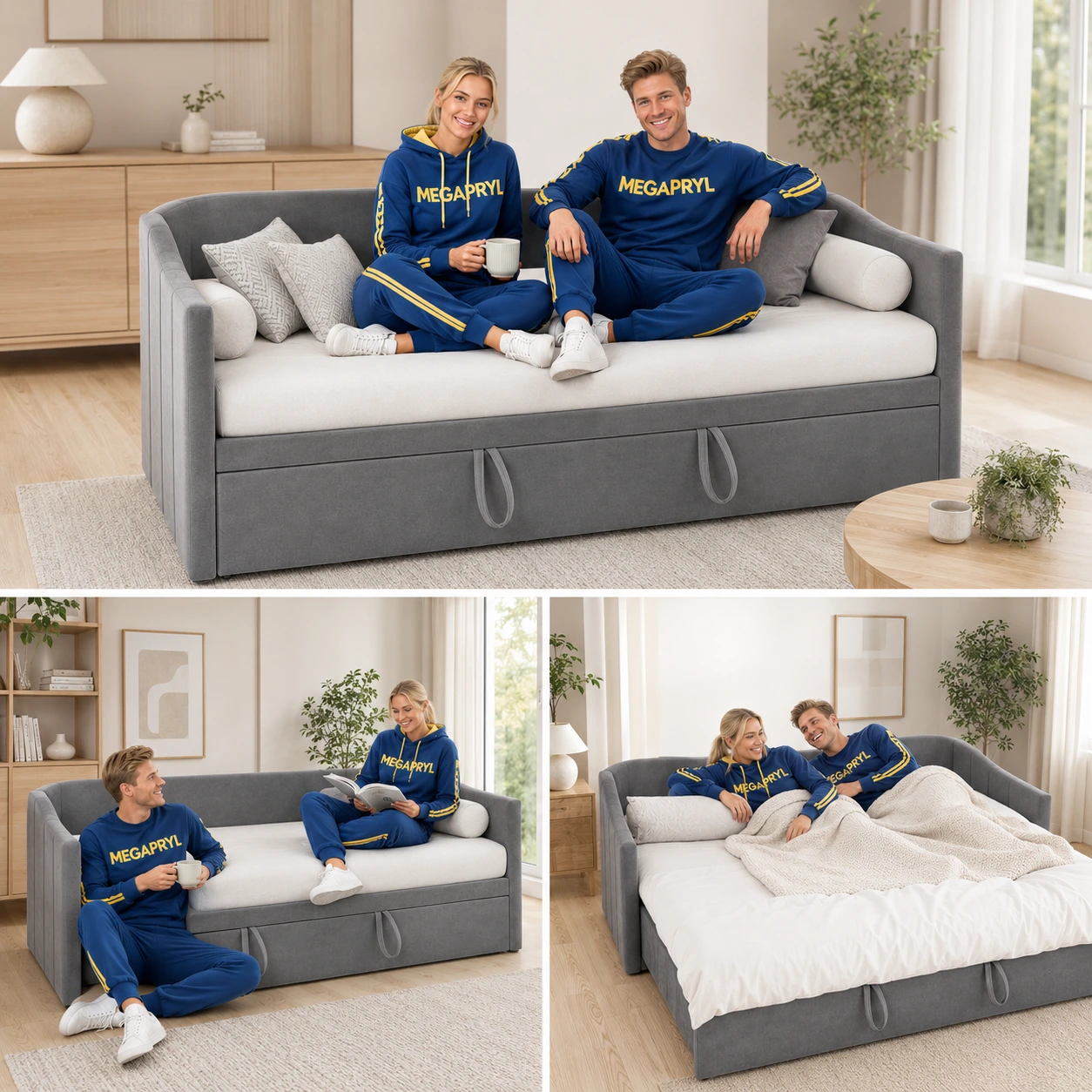 Bäddsoffa 90x200 i Sammet Grå med Utdragbar Säng