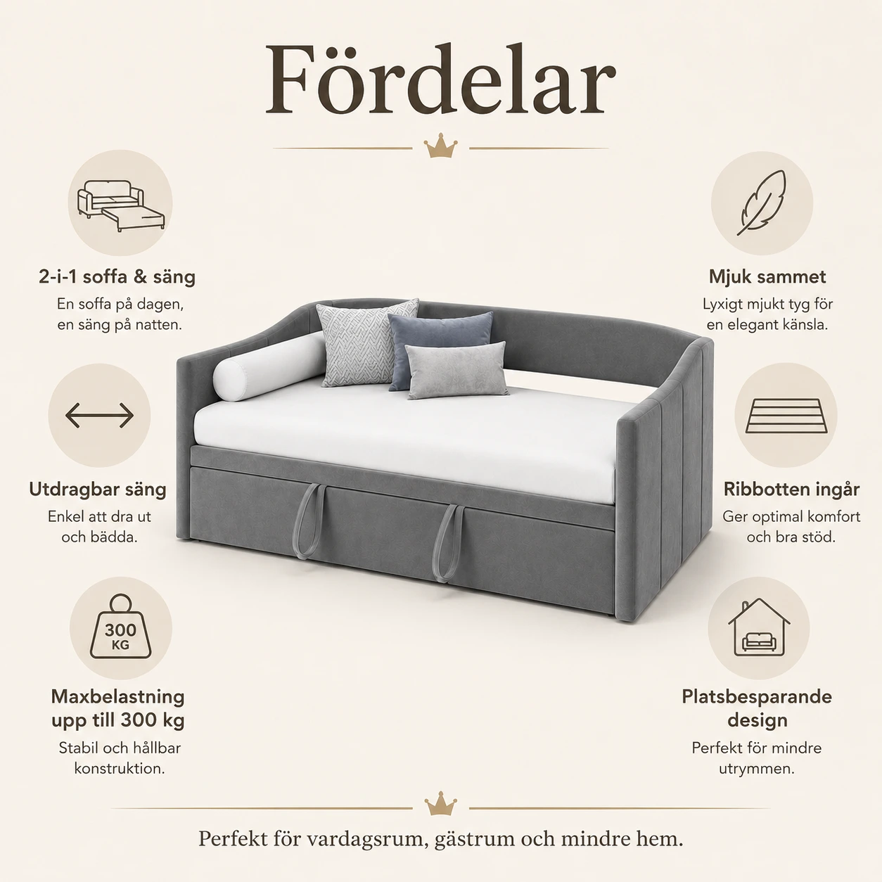 Bäddsoffa 90x200 i Sammet Grå med Utdragbar Säng
