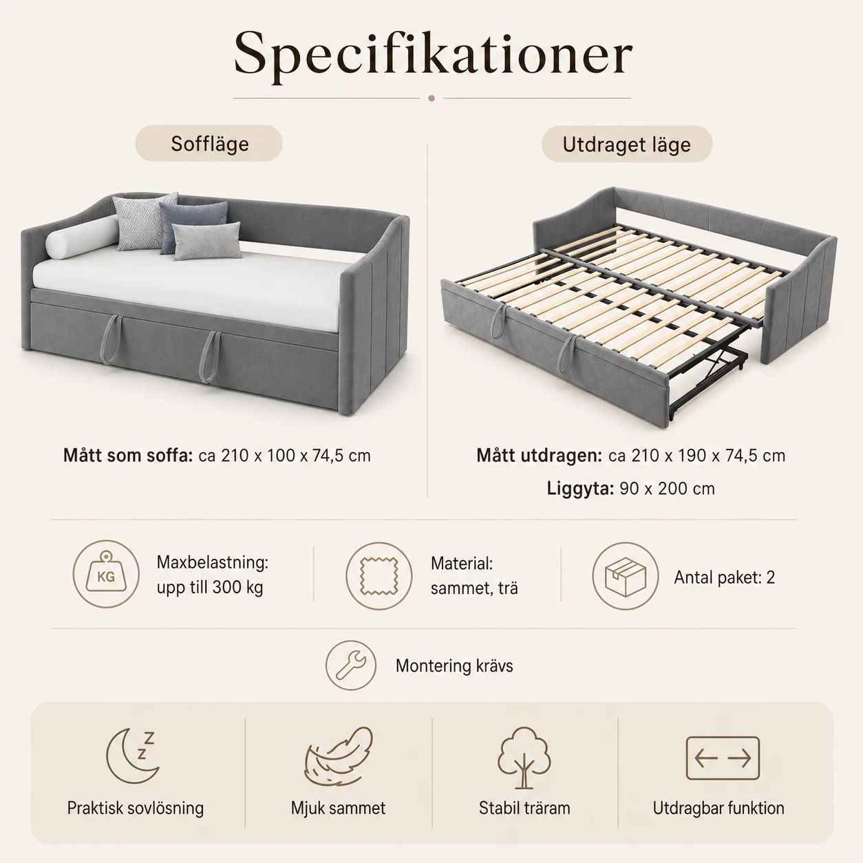Bäddsoffa 90x200 i Sammet Grå med Utdragbar Säng