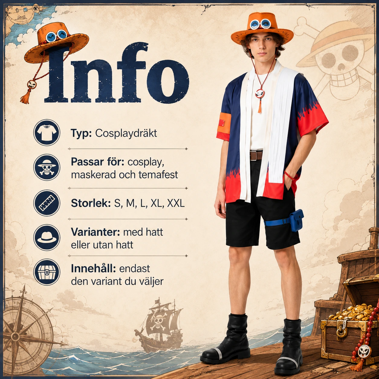 Cosplaydräkt inspirerad av animepirat med valbar hatt