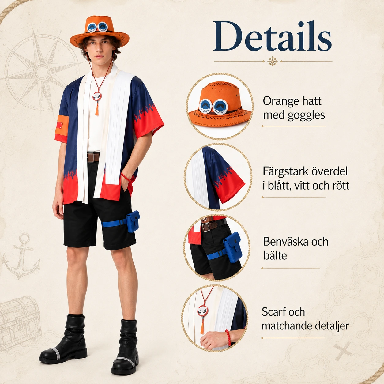 Cosplaydräkt inspirerad av animepirat med valbar hatt