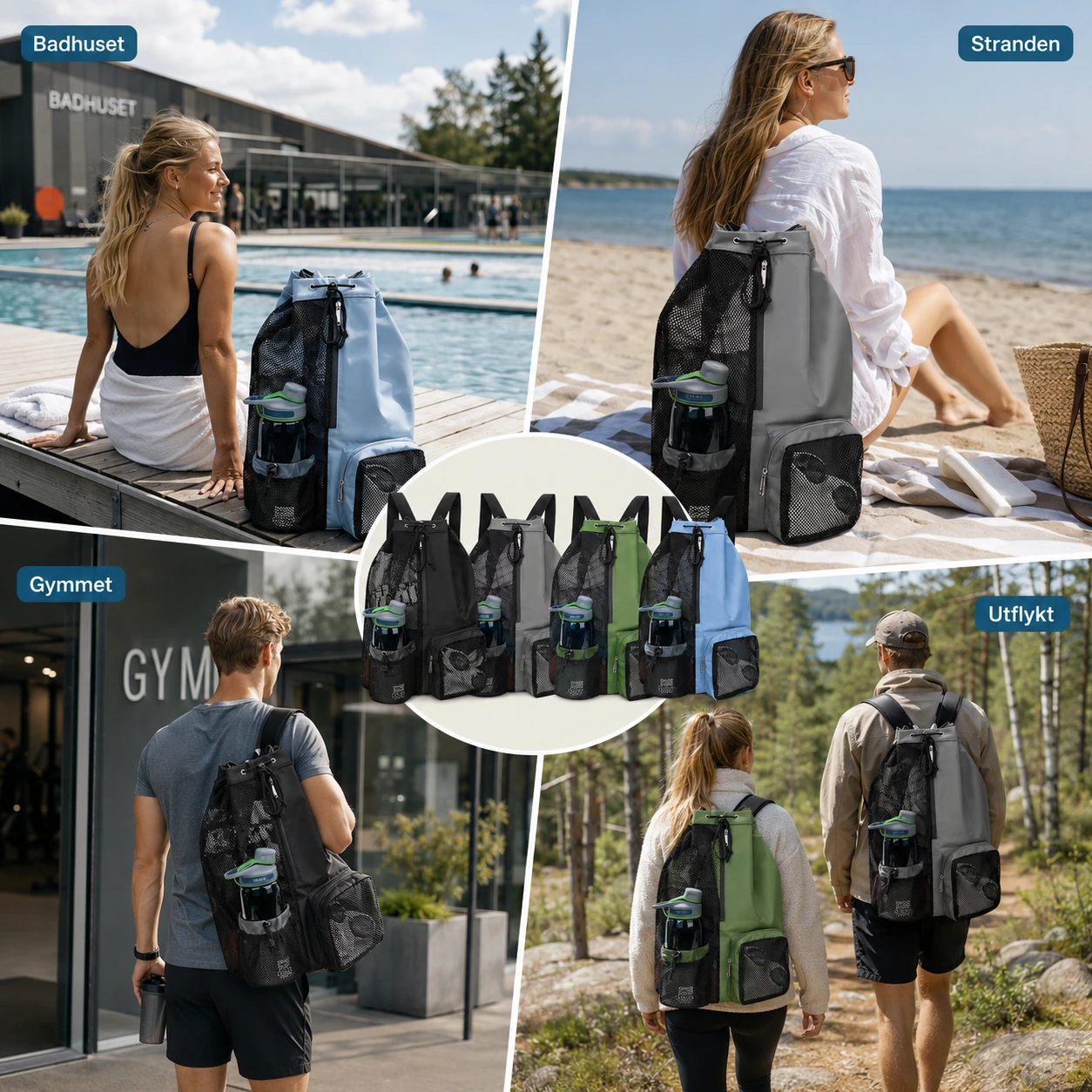 Badryggsäck med Nätfickor – För Simning & Strand