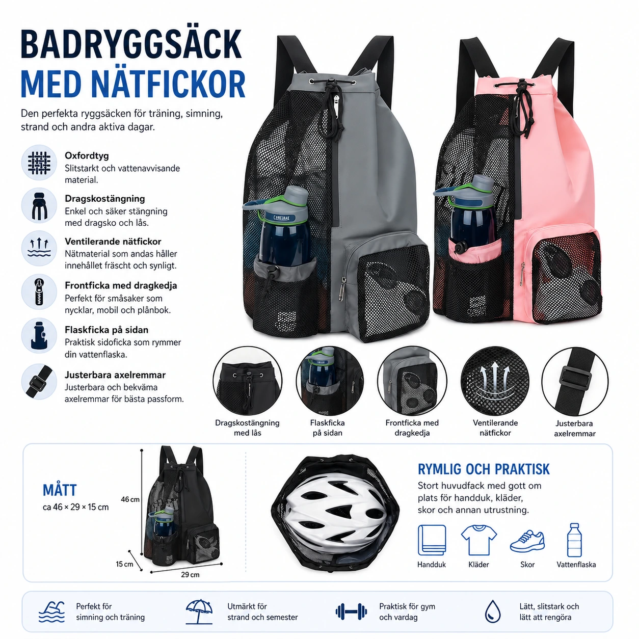 Badryggsäck med Nätfickor – För Simning & Strand