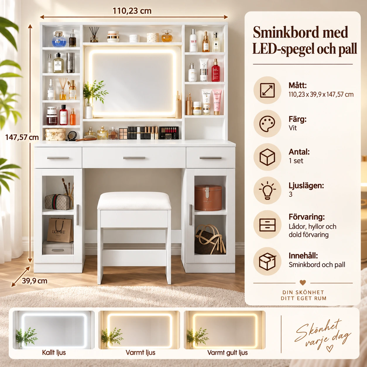Sminkbord med LED-spegel och pall, vit