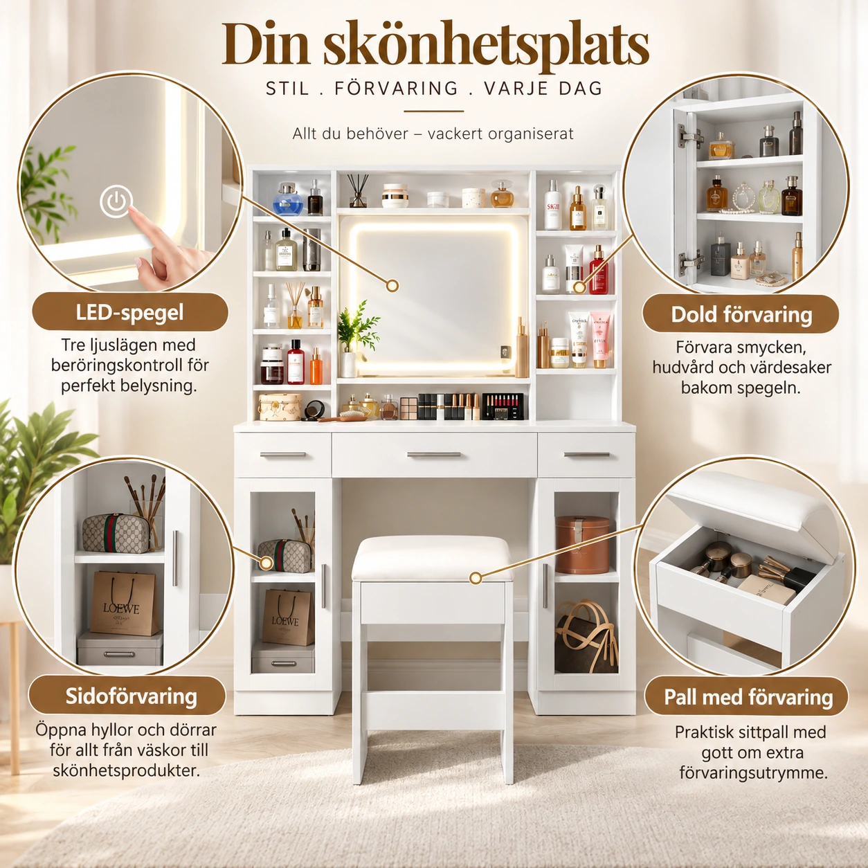 Sminkebord med LED-speil og krakk, hvit