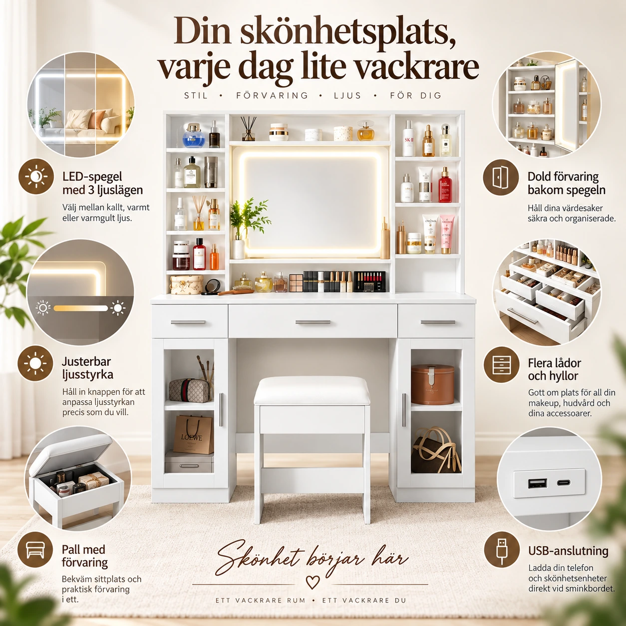 Sminkbord med LED-spegel och pall, vit