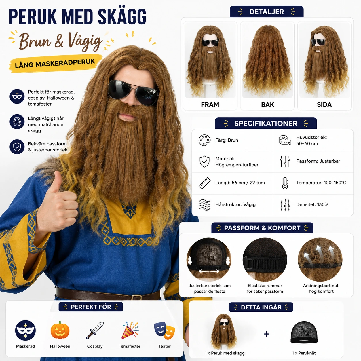 Peruk med Skägg Brun – Lång Vågig Maskeradperuk
