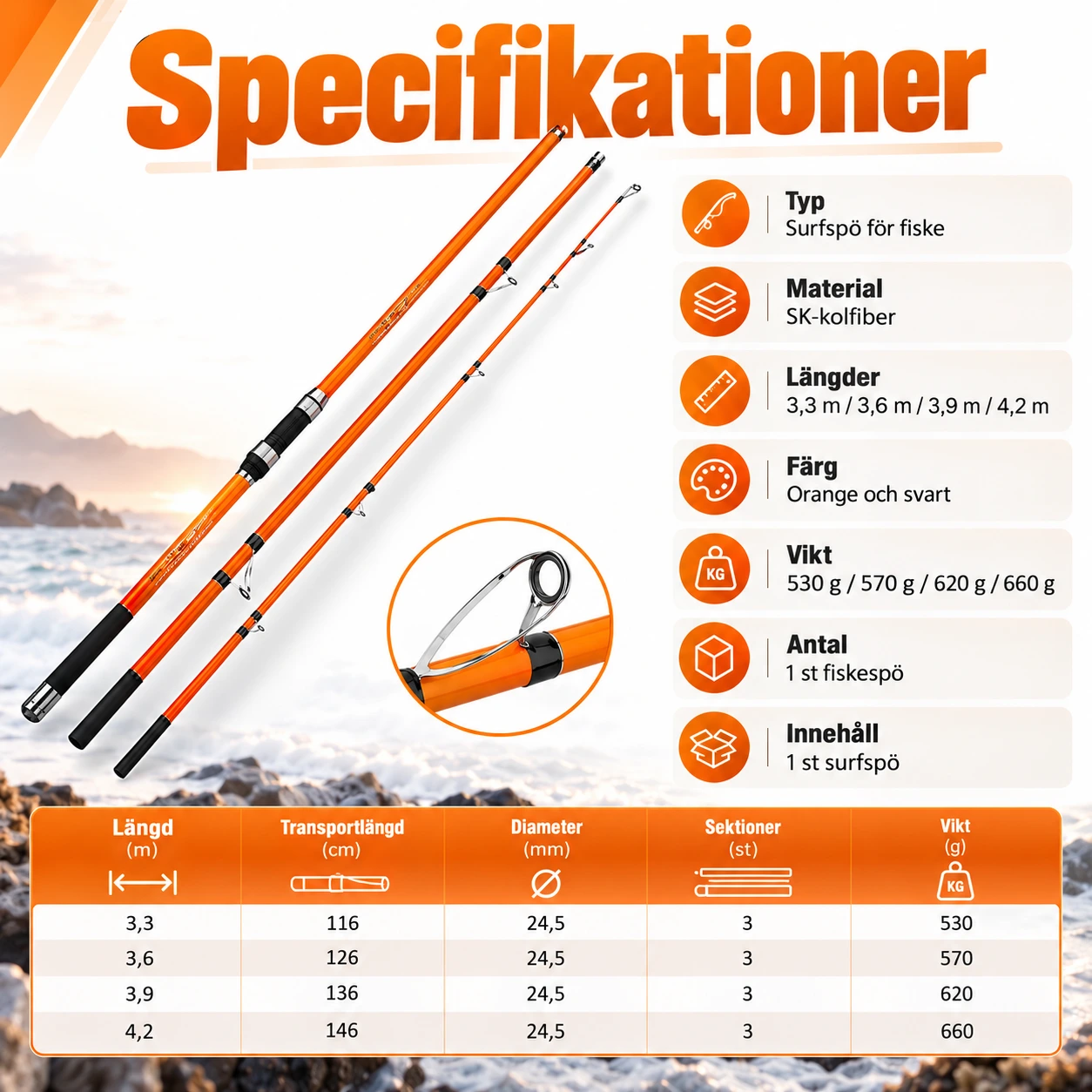Surfspö i kolfiber för havsfiske, 3-delat