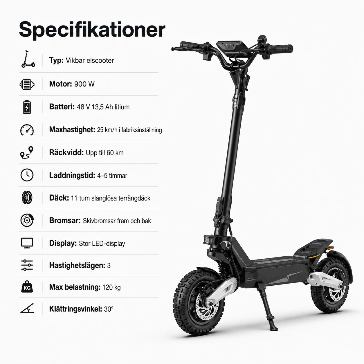 Elscooter Vikbar 900W med 11 Tum och LED-display