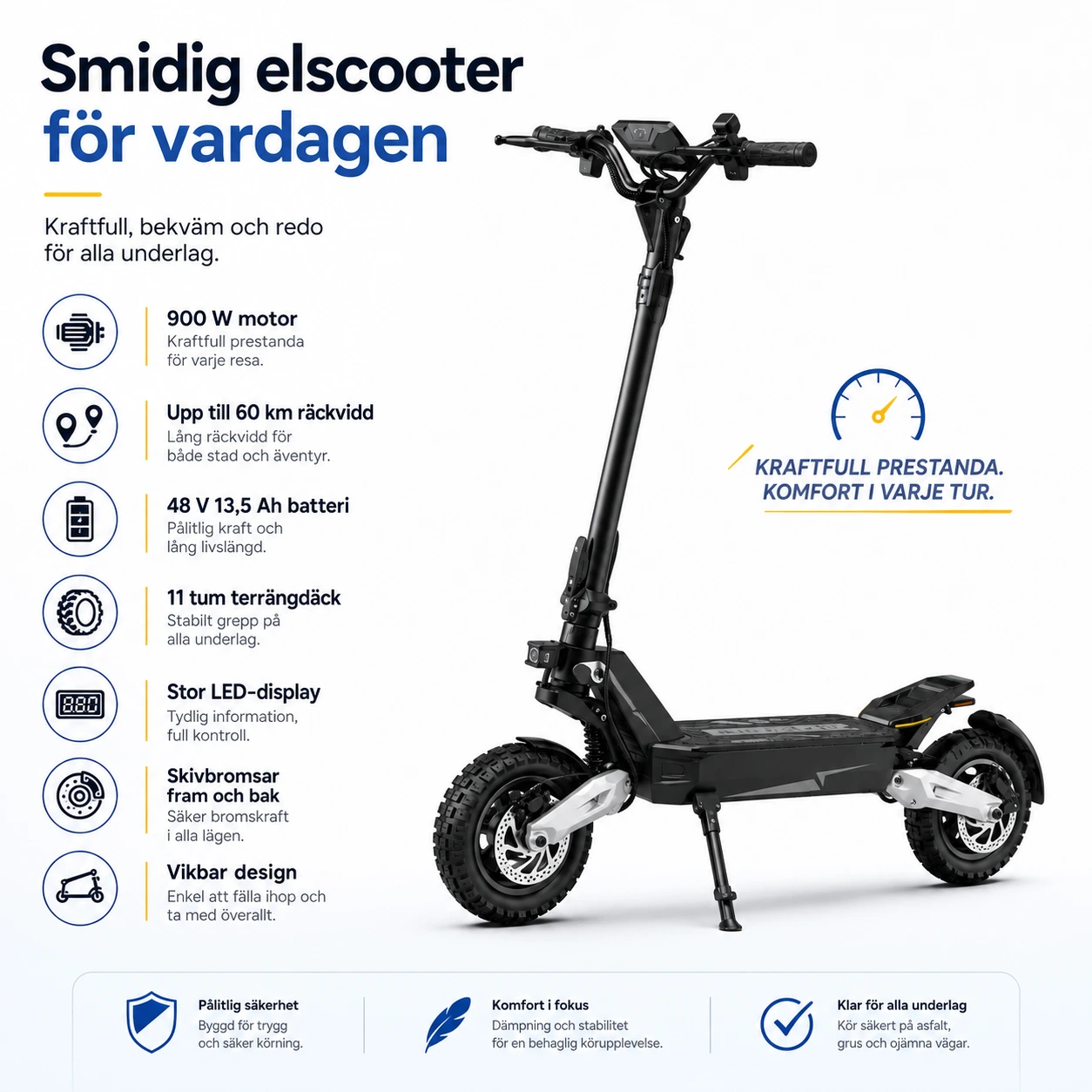 Elscooter Vikbar 900W med 11 Tum och LED-display