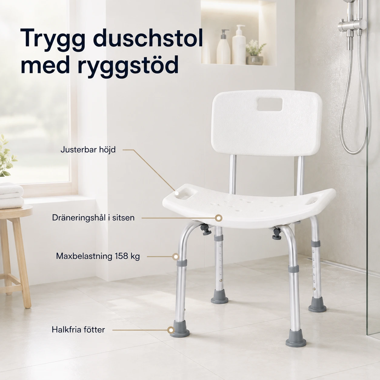 Duschstol Justerbar med Ryggstöd och Halkfria Fötter