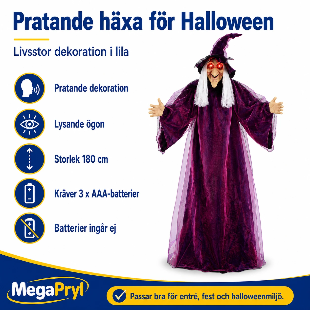 Pratande häxa för Halloween 180 cm i lila
