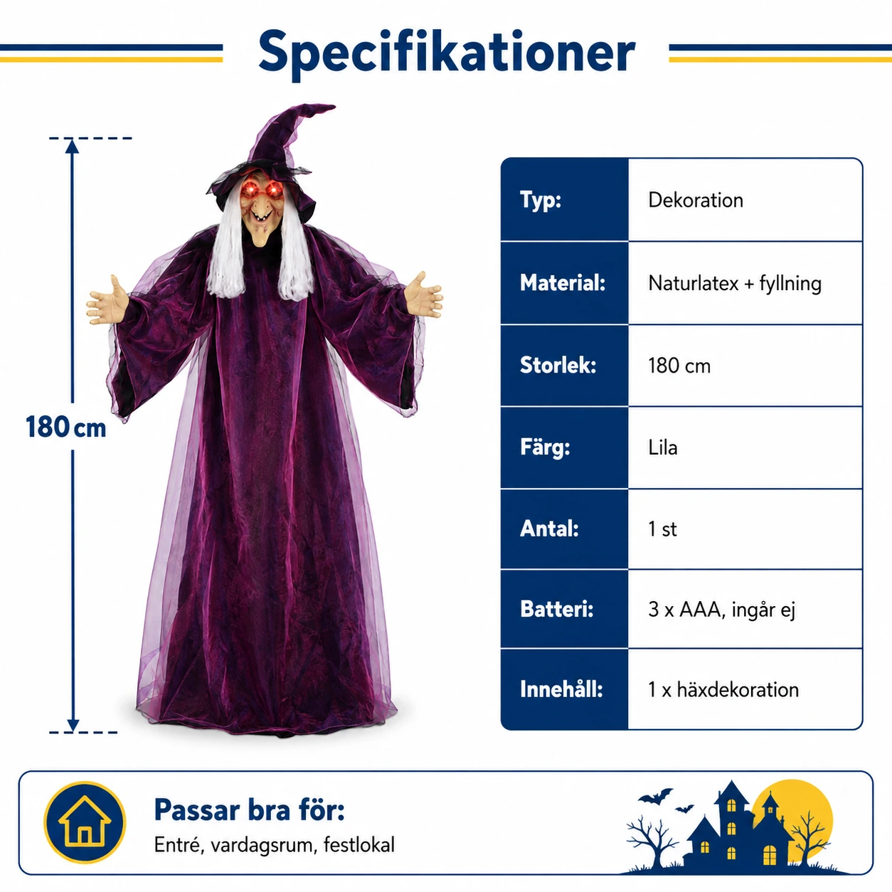 Pratande häxa för Halloween 180 cm i lila