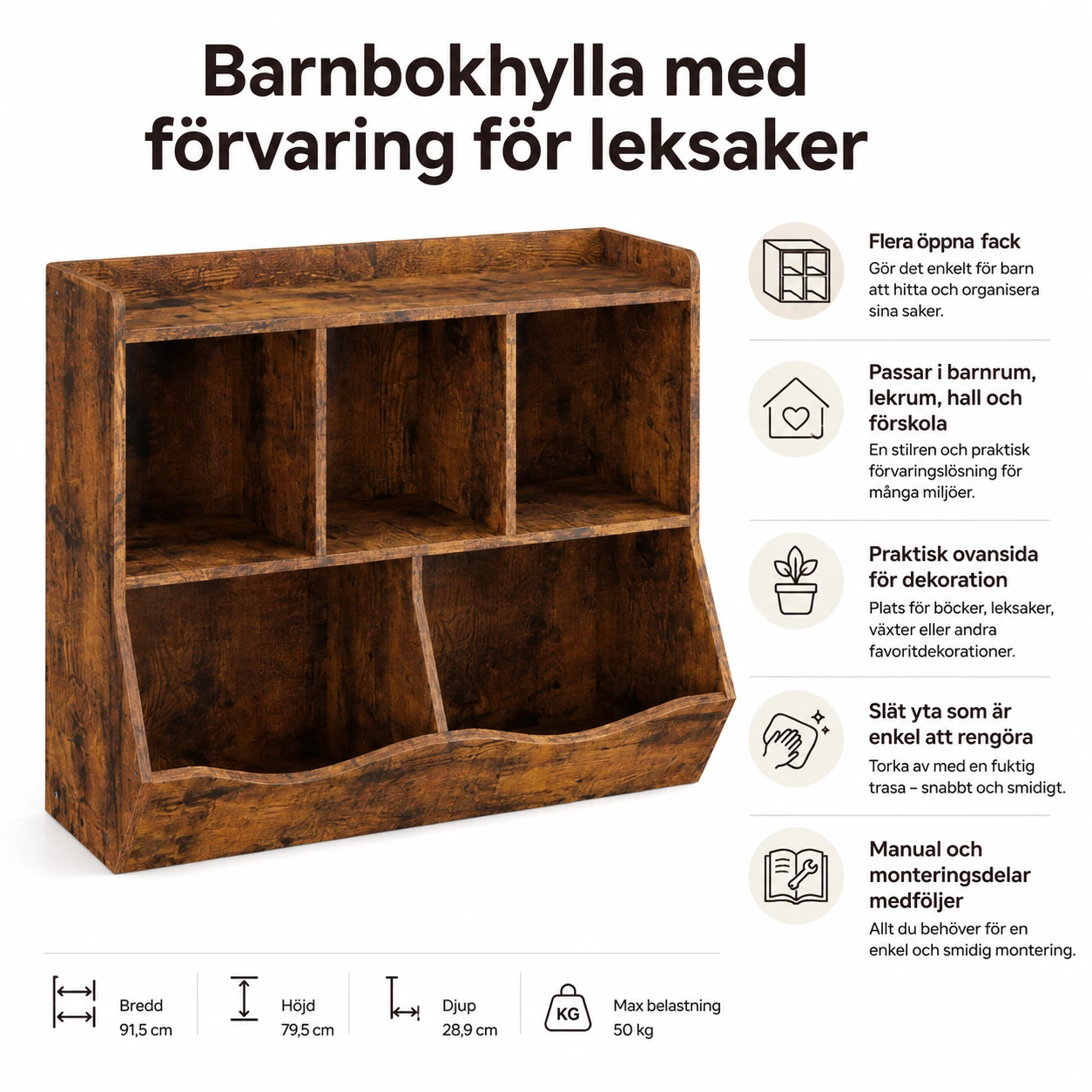 Barnbokhylla med förvaring för leksaker
