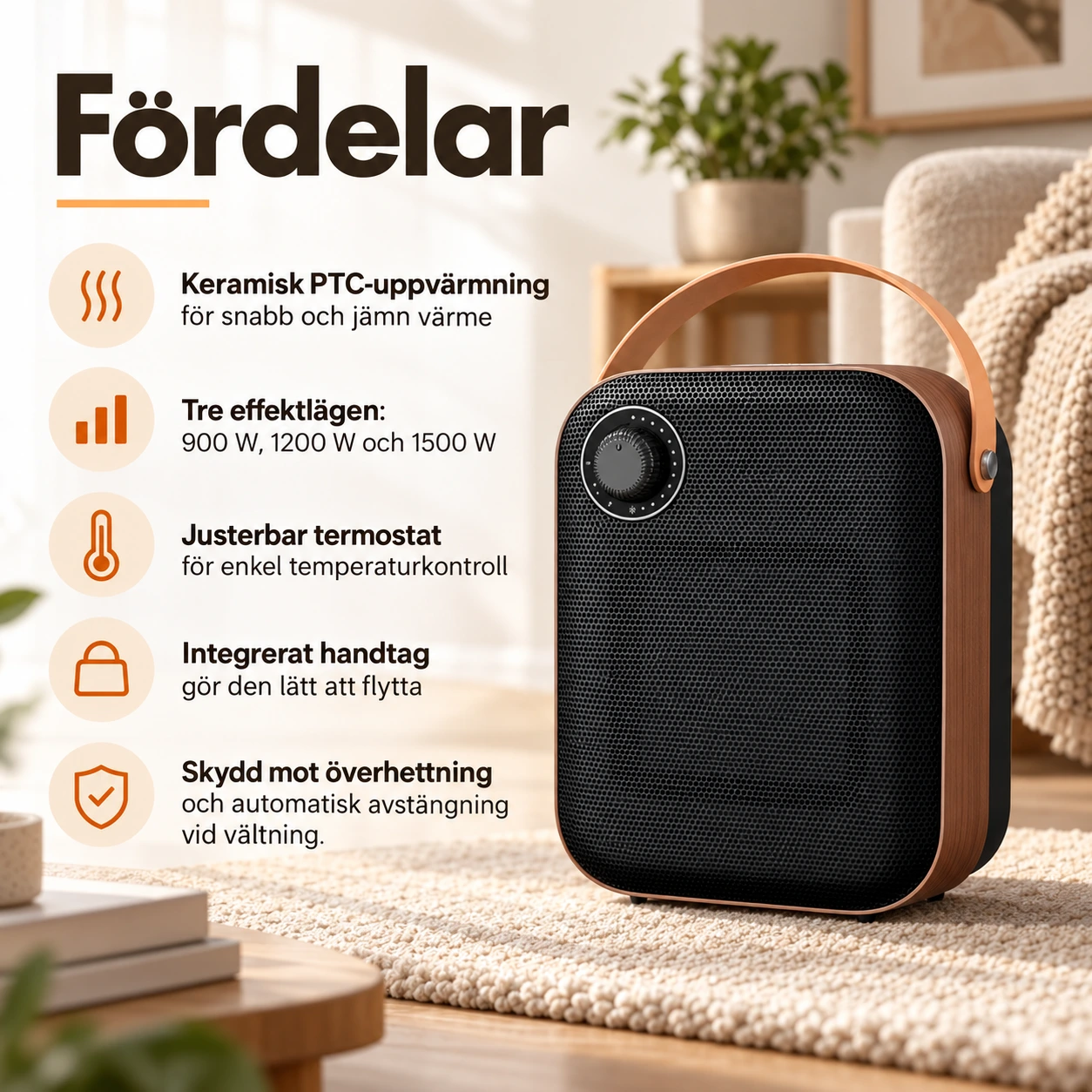 Keramisk värmefläkt för hem och kontor, 1500 W