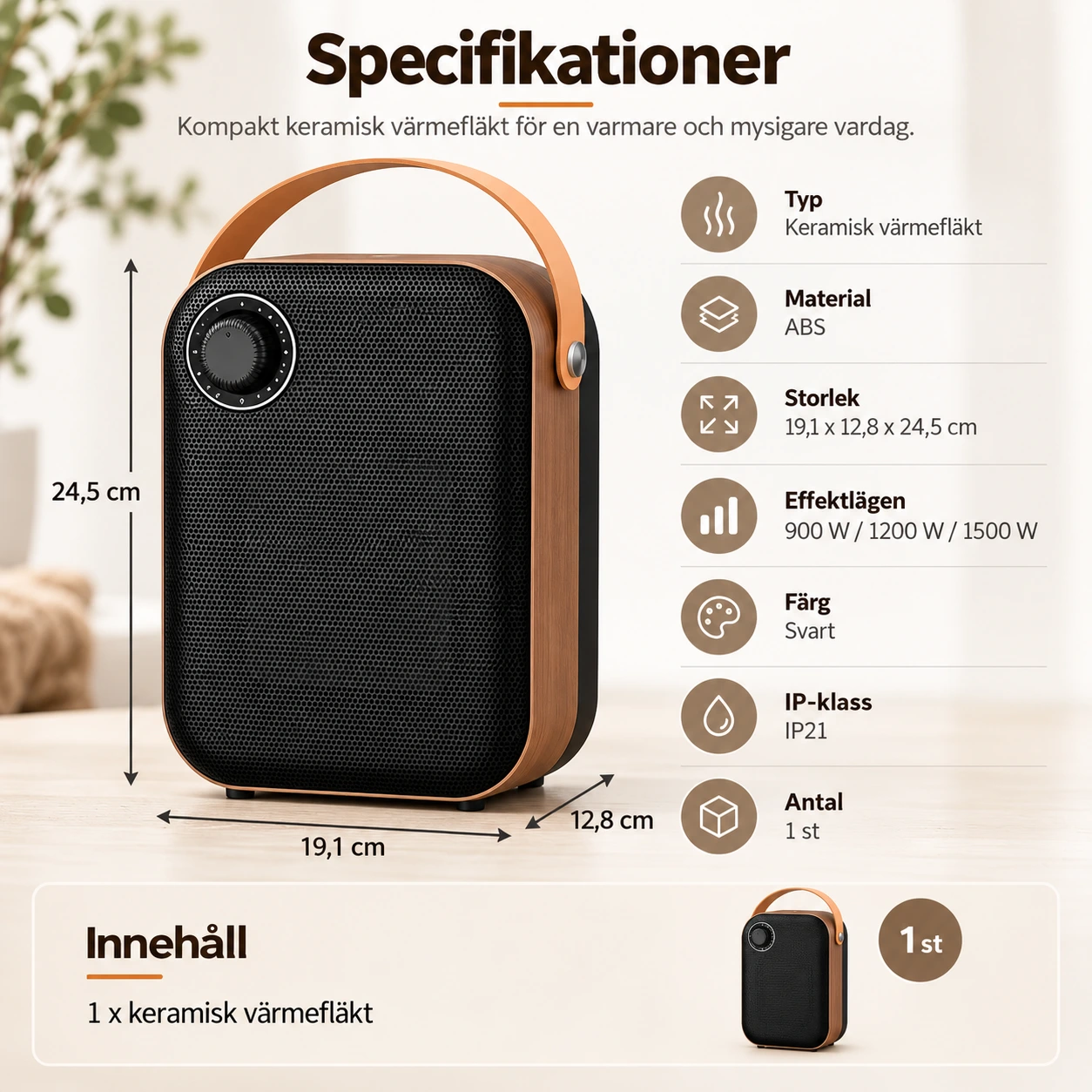 Keramisk värmefläkt för hem och kontor, 1500 W