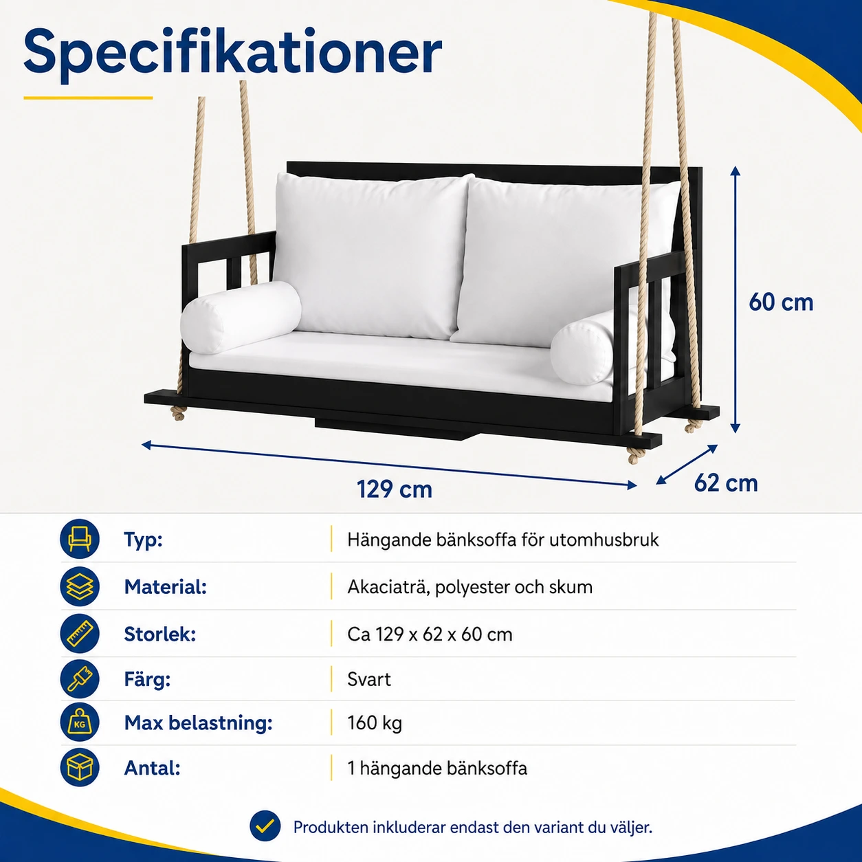 Hängande bänksoffa för uteplats i akaciaträ med kuddar