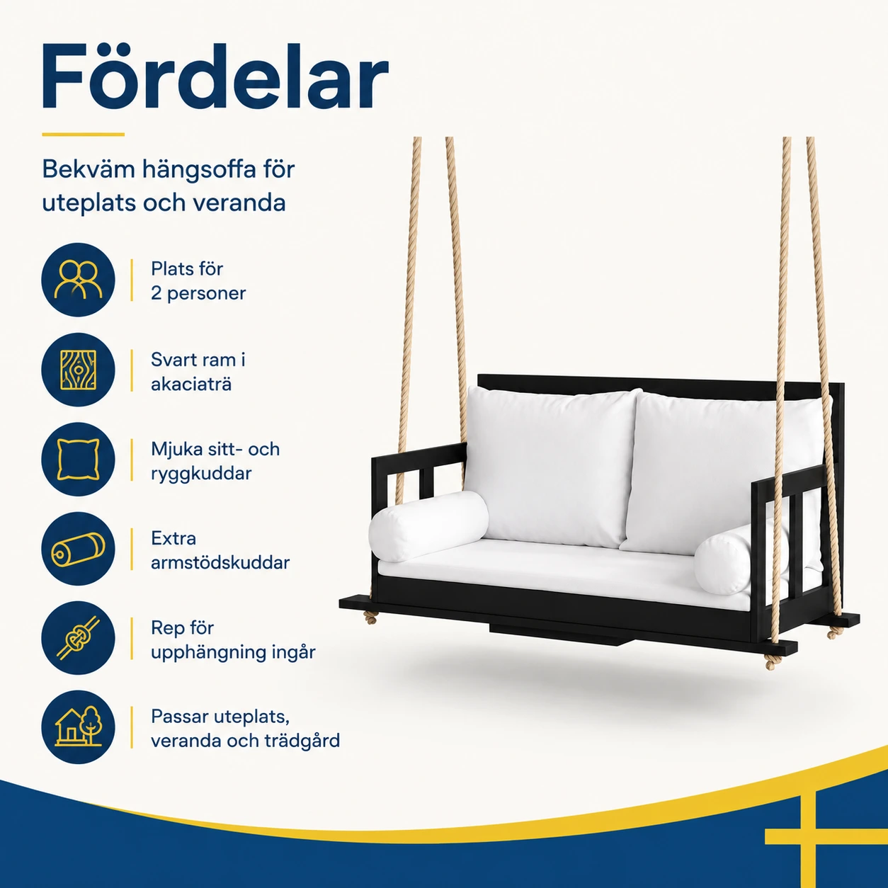 Hängande bänksoffa för uteplats i akaciaträ med kuddar
