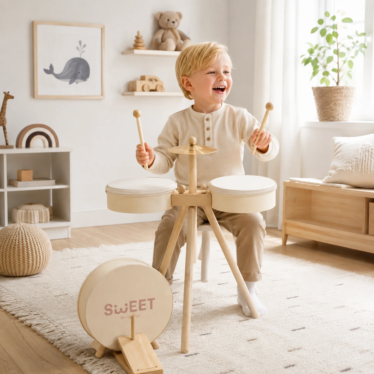 Barntrumset i trä med cymbal